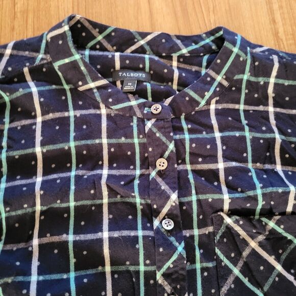 Talbots Top Shirt Womens Medium Blue Green Plaid Polka Dot Flannel Career Office - Picture 3 of 12